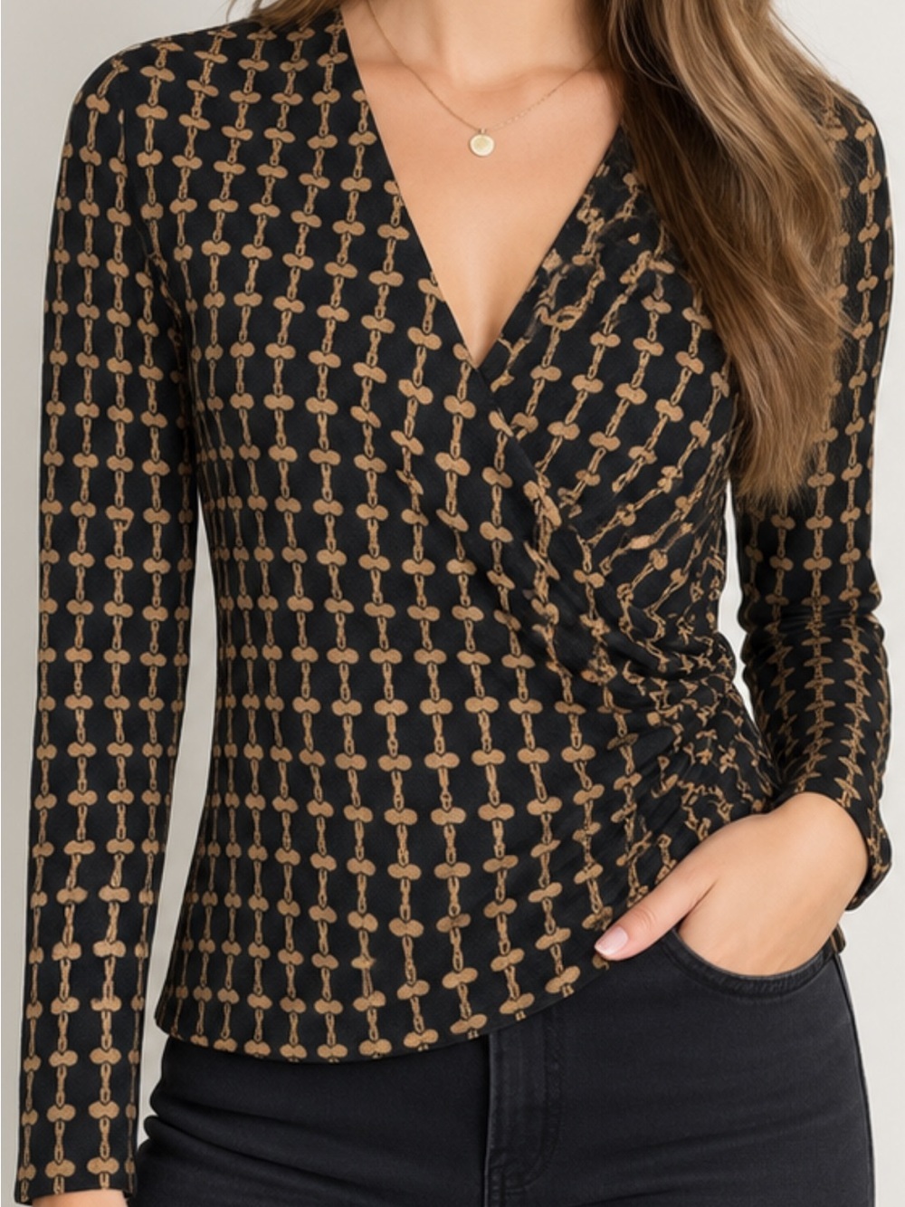 Charter Club Petite PL Faux Wrap Top Black Tan Chain Print Long Sleeve Equestria